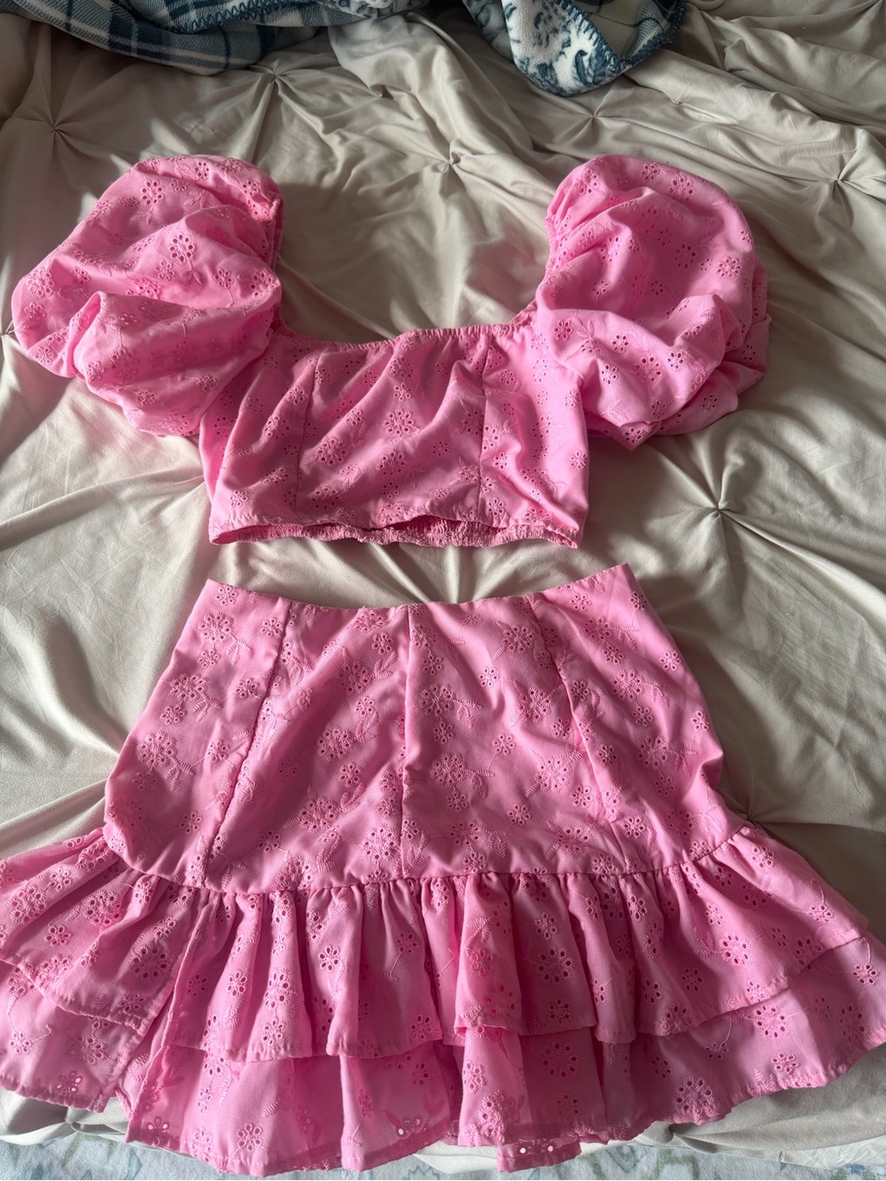 Pink Eyelet Puff Sleeve Crop Top & Ruffle Skirt Set
